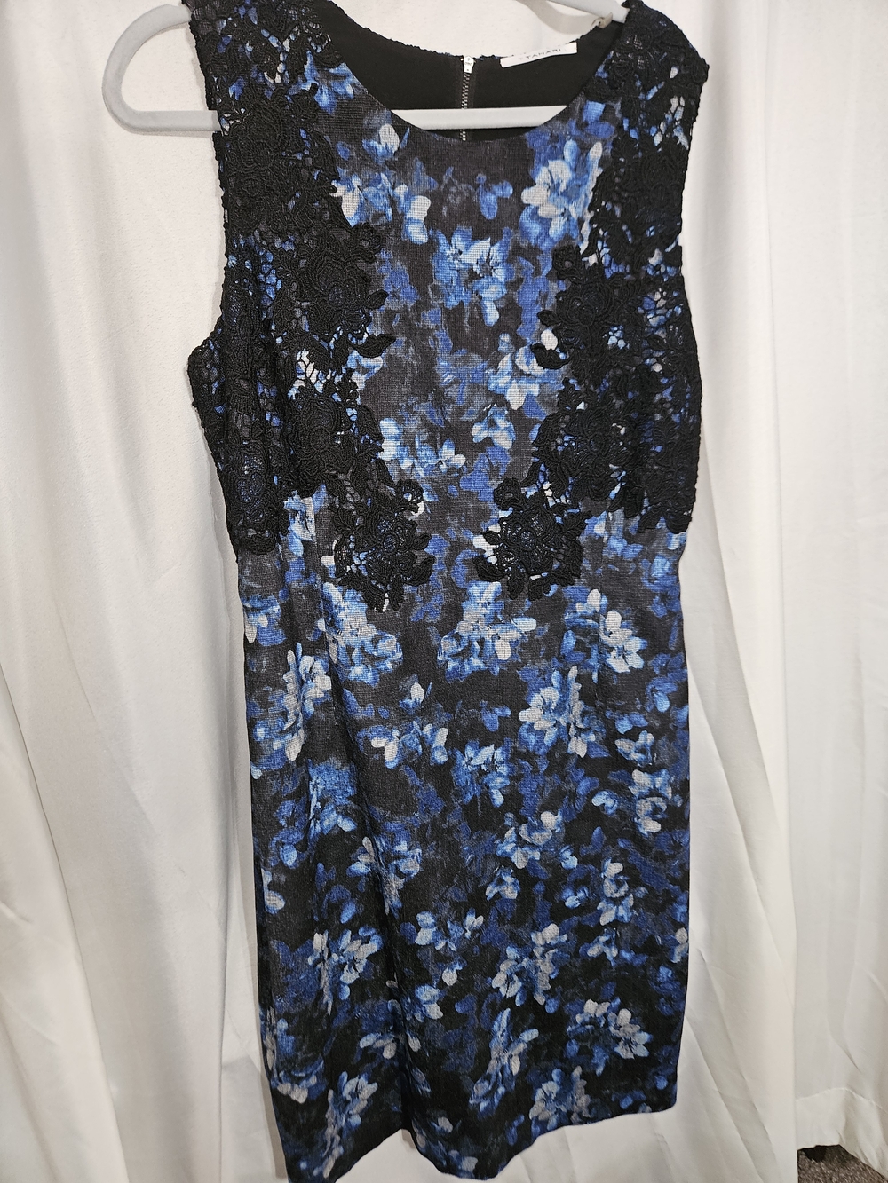 Tahari Blue and Black Floral Lace Midi Dress